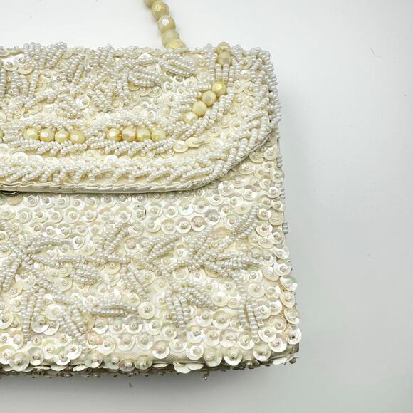 Vintage Ivory Silk Bead Sequin Double Flap Evening Top Handle Bag Hong Kong - Picture 3 of 9